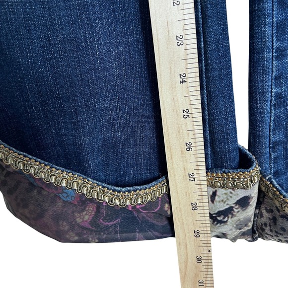 Boho Chic Embellished Denim Jeans Blue Floral Rhinestone Tassel Cuff Women's - Picture 9 of 16